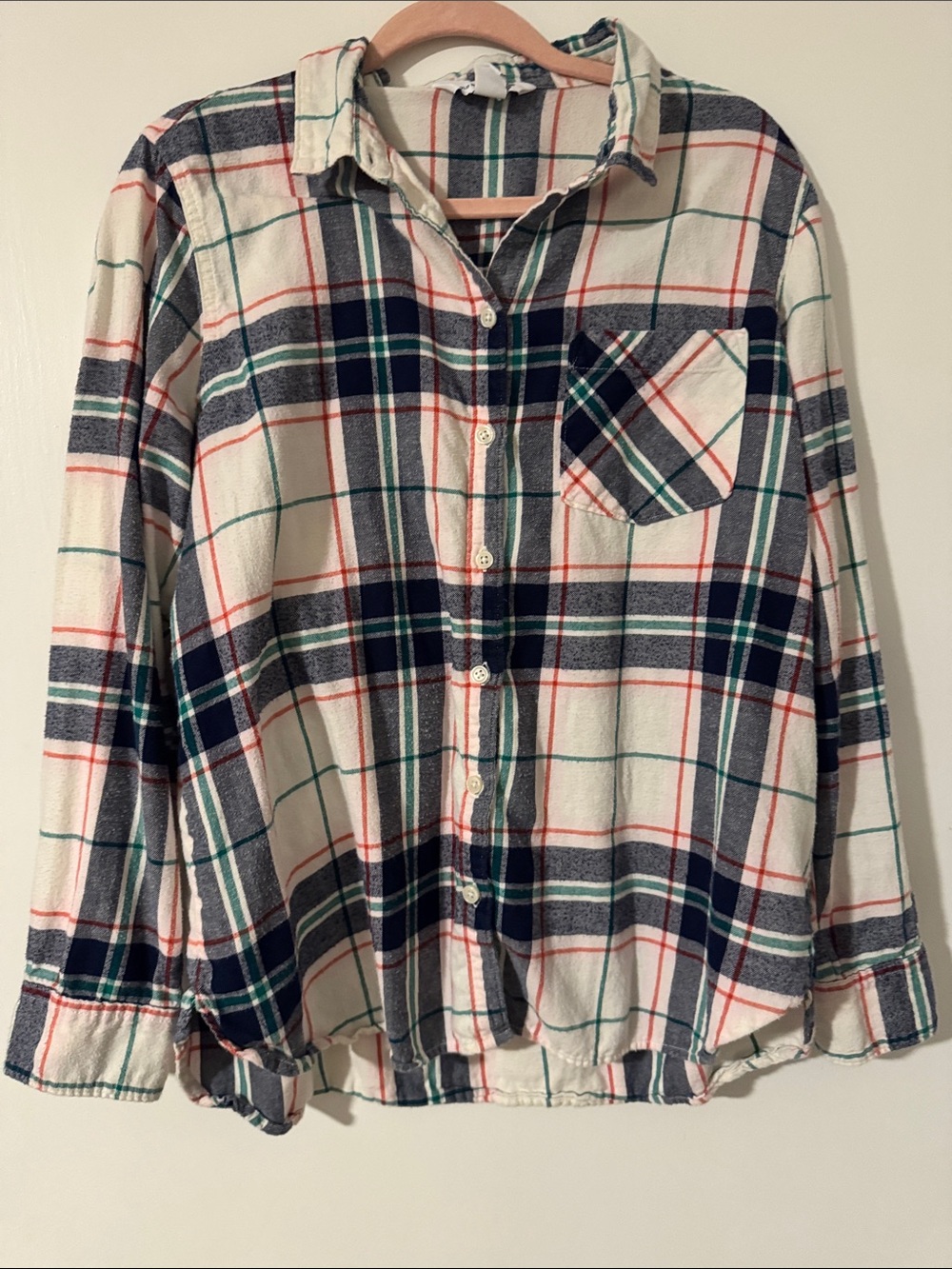 Old Navy “The Classic Shirt” Cream, Navy, Red, Green Plaid Button-Down Flannel